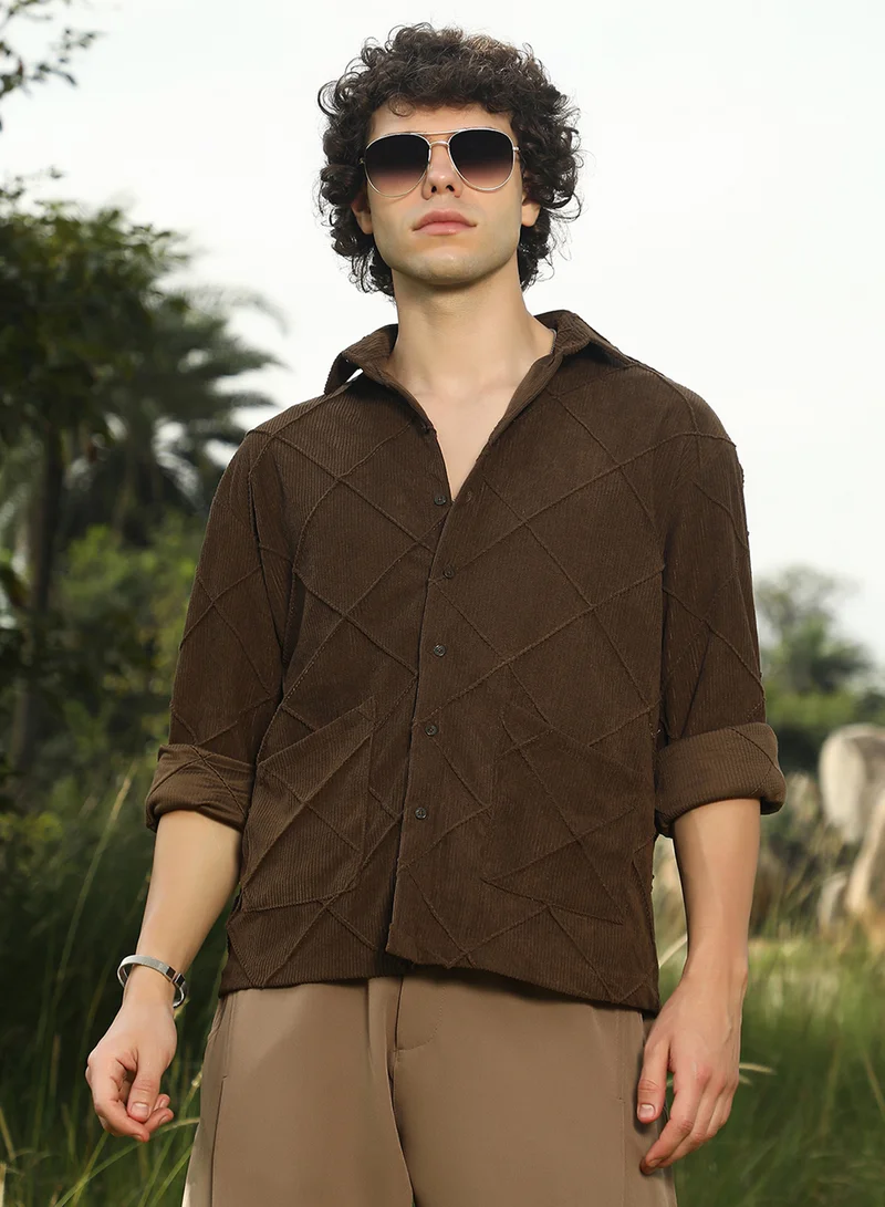 Men's Coffee Brown Crosshatch-Tactile Oversized Shirt For Casual Wear | Spread Collar | Long Cuffed Sleeves | Button Closure | Oversized Shirt Crafted With Comfort Fit For Everyday Wear